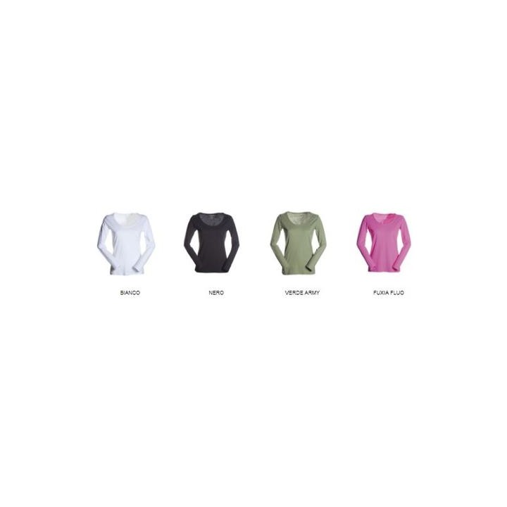 T-shirt sfiancata da donna manica lunga con girocollo ampio