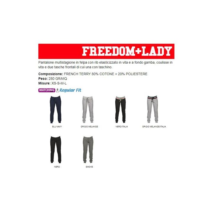 Pantalone FREEDOM LADY donna in felpa, rib elasticizzato in vita e a fondo gamba